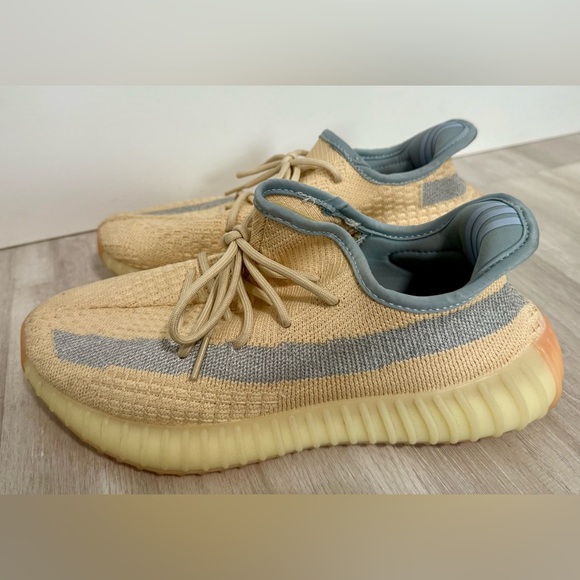 Yeezy x Adidas Boost 350 Tan & Blue Linen Fabric Sneakers Shoes sz 7 - Picture 1 of 11